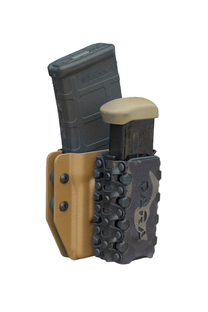 Stacked rifle and pistol mag carrier, modular design, tan and black, dual magazine pouch combo.
