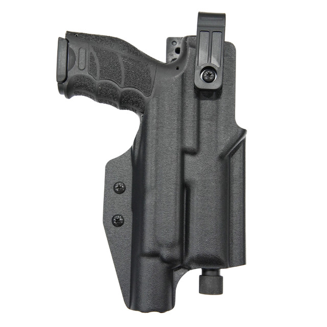 In stock Level 2 Retention Duty Holster for HK VP9 w/ X300U-B light and DBL2-L attachment.