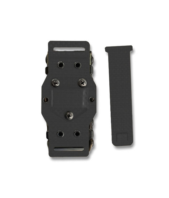Black ATTACHMENT DM2 MOLLE Attachment for Mag Carriers, two pieces shown.