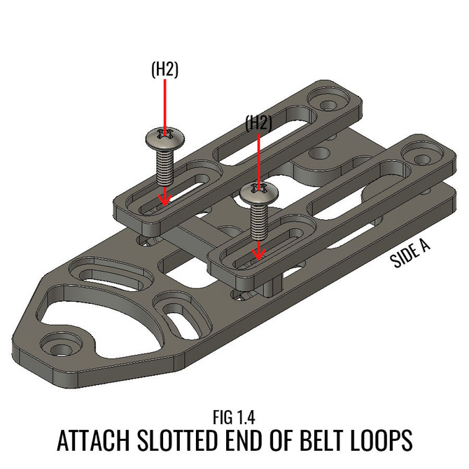 DARA DBL2 holster attachment, dark gray, with spacers and screws, labeled side A diagram view.