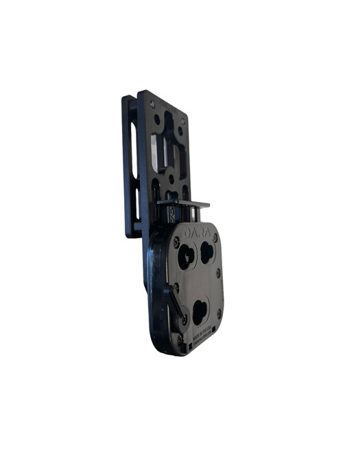 DARA DBL2 + ALQD Receiver, black, metal, holster attachment with riser bars and belt loops.