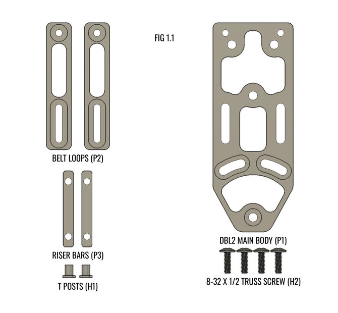 DARA DBL2-L Holster Attachment parts, including main body, belt loops, riser bars, and T posts.