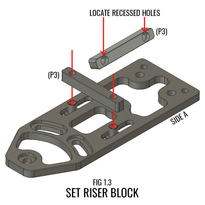 DARA DBL2-L Holster Attachment, gray metal, riser block, side A view, recessed holes labeled.