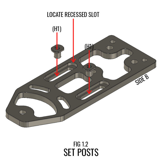 DARA DBL2 Holster Attachment, machined metal part with recessed slot and set posts, Side B.