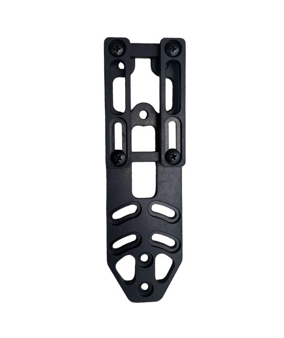 DARA DBL2-L Holster Attachment, black, machined, 6061 T6 aluminum, MOLLE compatible, adjustable belt space.