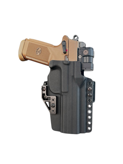 DARA DCS appendix rig holster with tan pistol and detachable mag carrier in black.