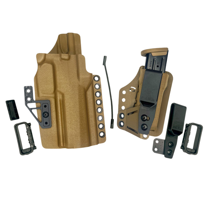 DARA DCS Concealment Gun Holster System, tan, with IWB, AIWB, OWB, and appendix rig attachments.