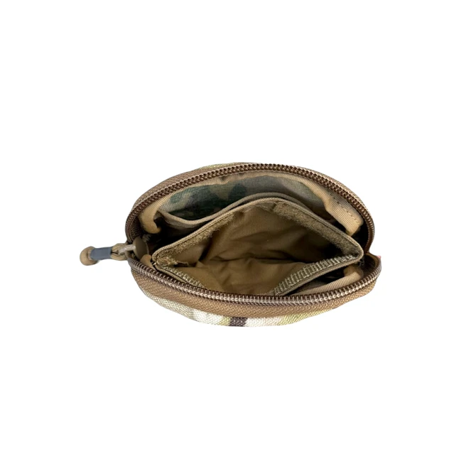 Dara Utility Pouch, open, showing interior with 3-section divider and Velcro center pocket inside.