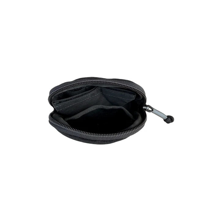 Dara Utility Pouch open showing interior, black Cordura, 3-section divider, Velcro pocket, tactical design.