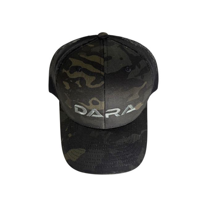 DARA SNAPBACK TRUCKER HAT, black and green camouflage baseball cap with DARA logo on front panel.