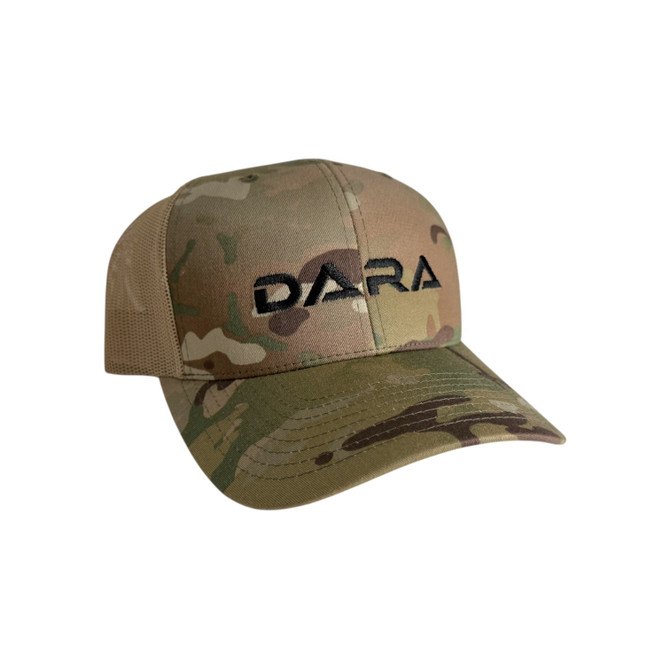 DARA Camouflage Snapback Trucker Hat, Black Logo, by DARA, tan and green camo design.