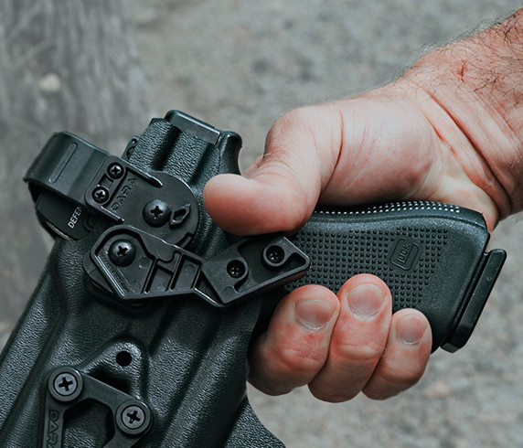 DARA Level 2 Control Kit installed on a level 2 holster with interchangeable release options.