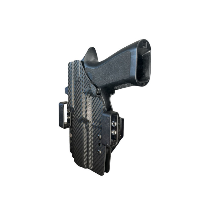 Dara Concealment System holster, carbon fiber finish, convertible AIWB, IWB, appendix rig, OWB concealable gun holster.  FN 509 LS Edge