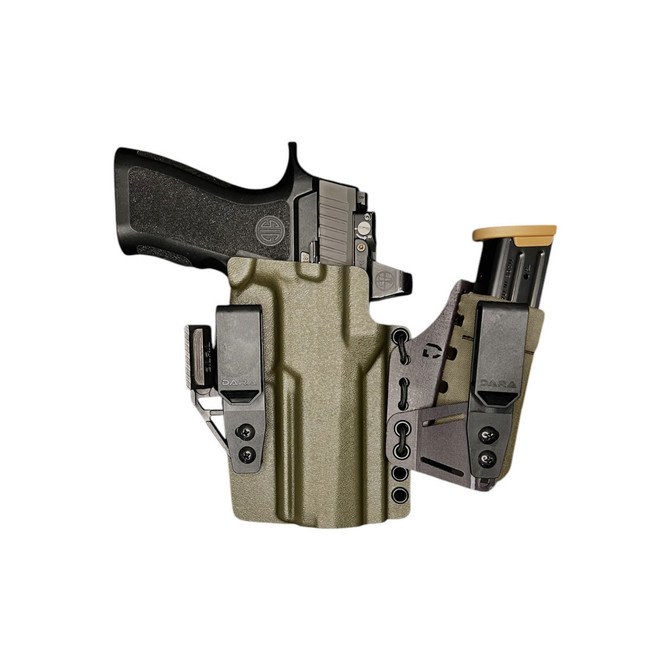Dara Concealment System, olive green holster with black gun, appendix rig and detachable mag carrier.  GLOCK 17