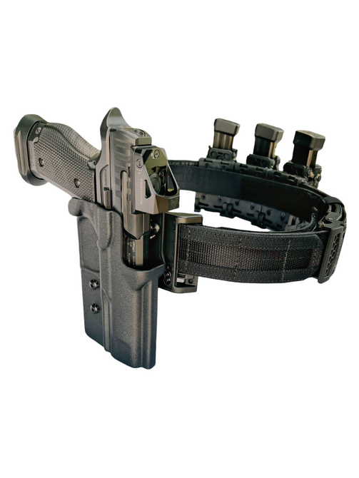 Dara Action Sport Package with OWB holster and pistol mag pouches on tactical battle belt.