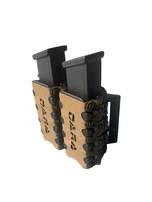 DARA Auto Retention Double Mag Carrier with two black pistol magazines, tan and black durable material.