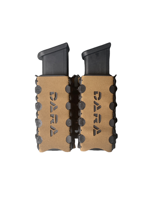 DARA Auto Retention Double Mag Carrier, tan, with black pistol magazines, universal double mag pouch.