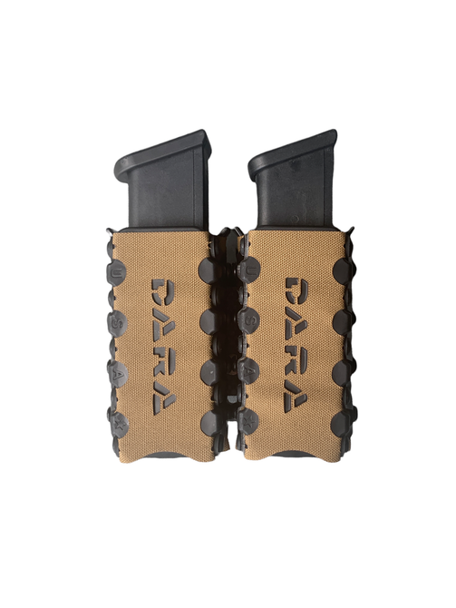DARA Auto Retention Double Mag Carrier, tan, for pistol magazines, gun clips, and double mag pouches.