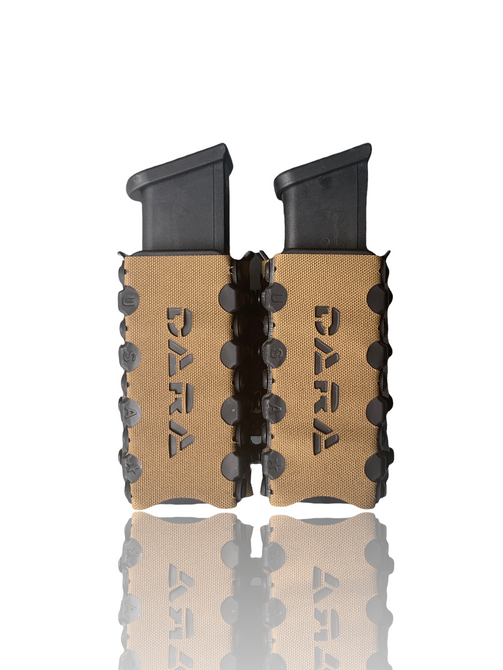 DARA Auto Retention Double Mag Carrier, brown, with two black pistol magazines, universal double mag pouch.