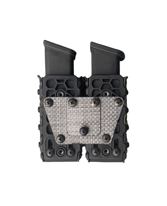 DARA Auto Retention Double Mag Carrier, black, OWB, holds double stack pistol magazines securely.