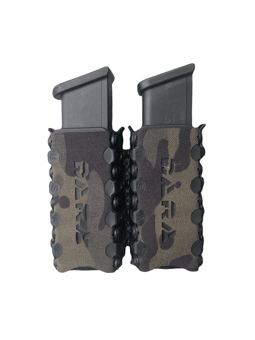DARA Auto Retention Double Mag Carrier, camouflage, holds two pistol magazines securely side by side.