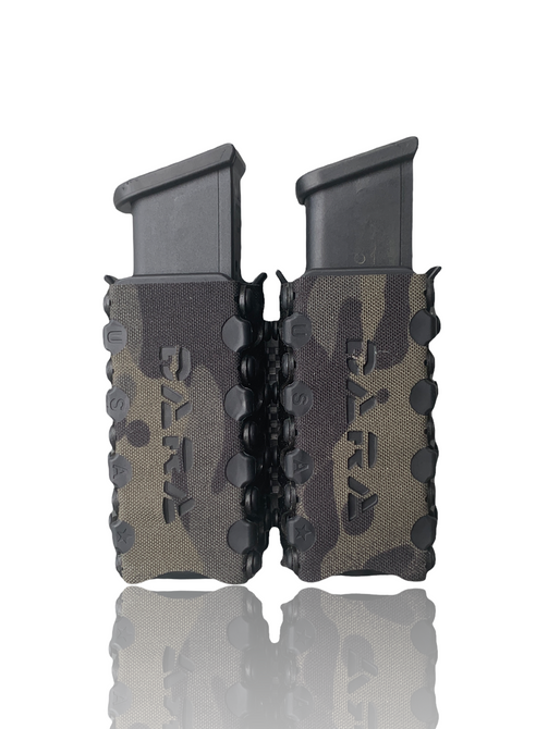 DARA Auto Retention Double Mag Carrier with camouflage design, holding two pistol magazines securely.