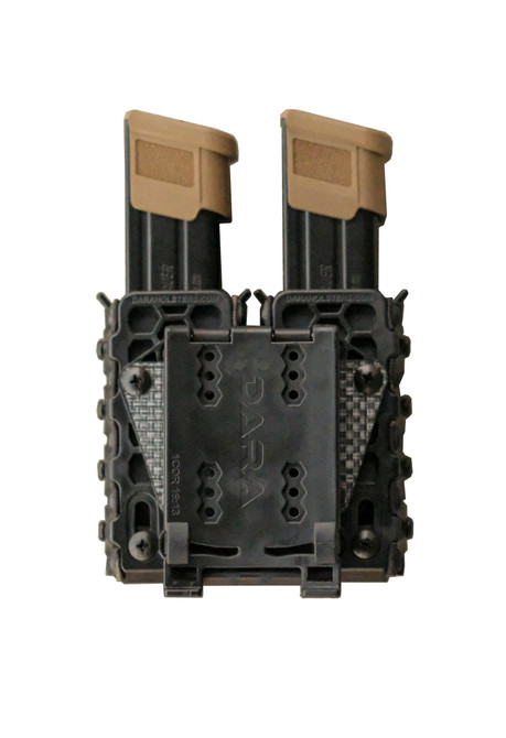 DARA Auto Retention Double Mag Carrier, black, with two tan pistol magazines inserted, OWB double mag pouch.