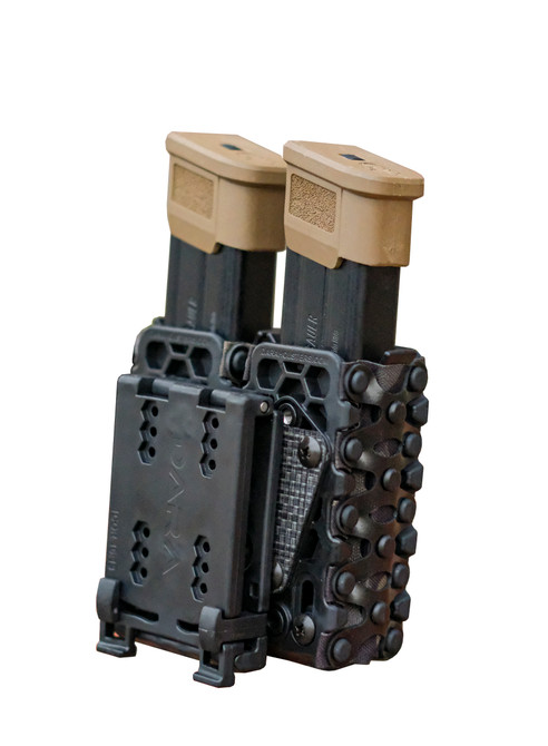 DARA Auto Retention Double Mag Carrier with two tan pistol magazines, black durable design, OWB double mag pouch.