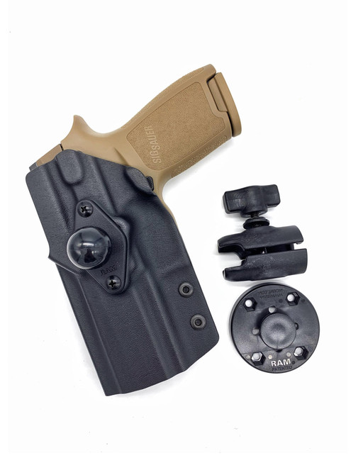 DARA vehicle mounted holster with kydex and RAM mount for Glock, Sig, HK, 1911, Taurus pistols.