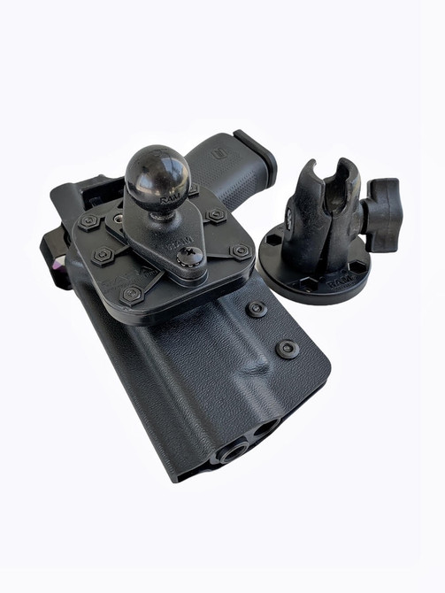 DARA vehicle mounted holster with RAM Mount, black kydex, for 1911, Glock, Sig, H&K, Taurus.