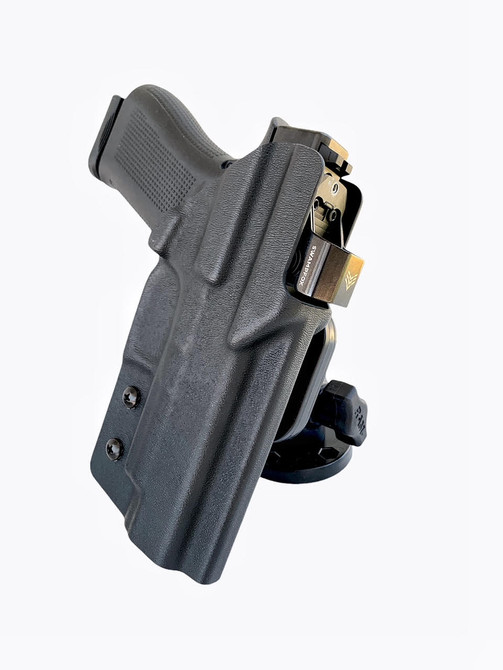 DARA vehicle mounted holster for Glock, Sig, HK, 1911, Taurus, and other guns with RAM mount.