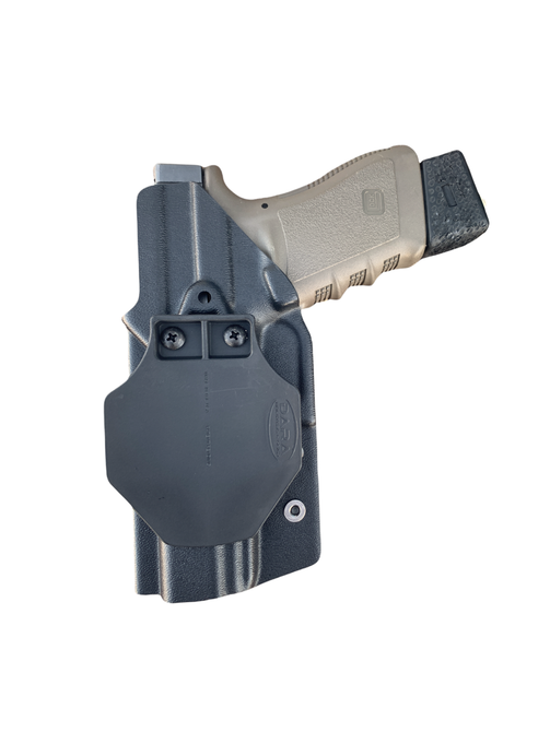 DARA OWB Paddle Holster, kydex paddle holster, in dark gray with paddle attachment for belt.