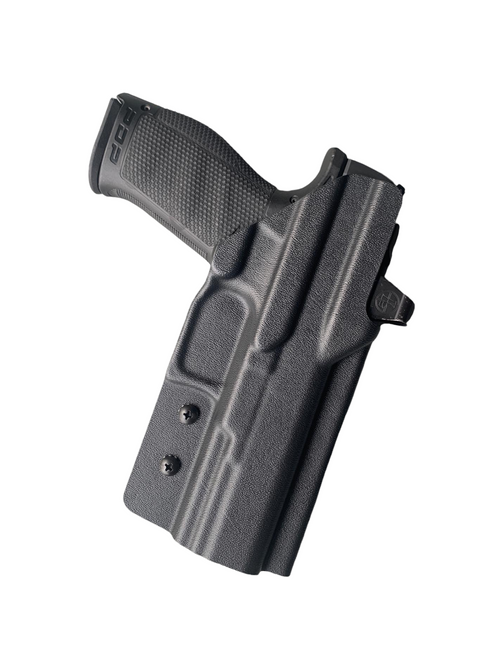 DARA OWB Paddle Holster, black kydex paddle holster for outside waistband carry with belt attachment.