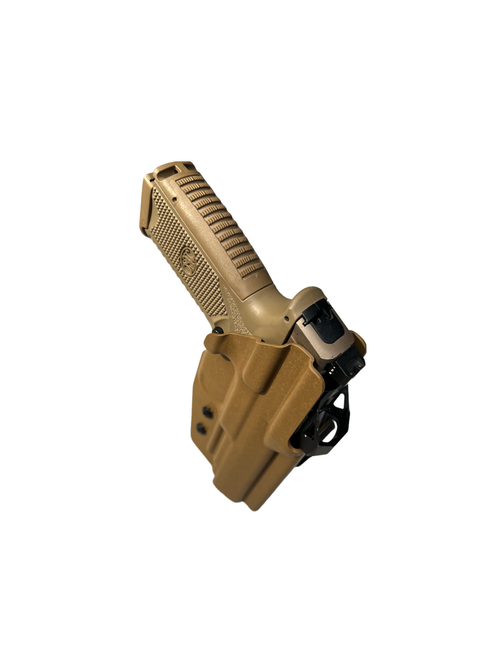 Dara OWB Paddle Holster in tan kydex, outside waistband belt holster with paddle attachment.