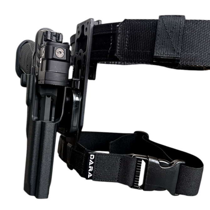 DARA DROP OFFSET HOLSTER PACKAGE, RMR cut, black, optic holster with ejection port cut out.