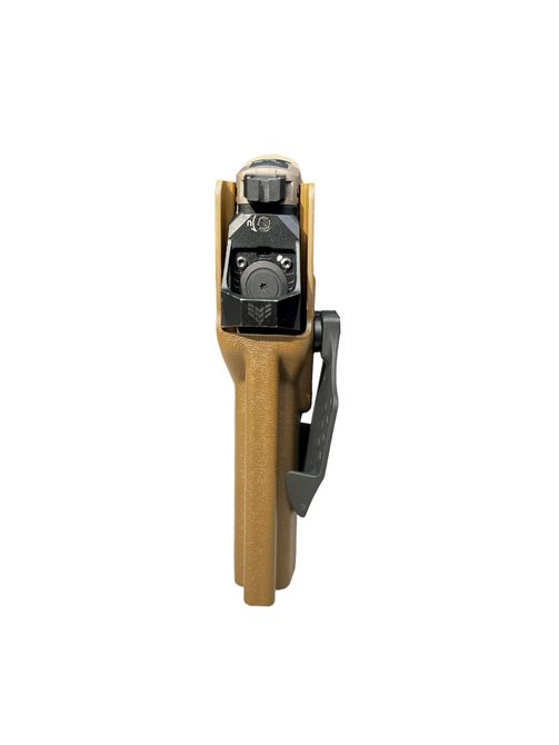 DARA Light Brown Kydex OWB Paddle Holster with stainless steel hardware and paddle attachment.