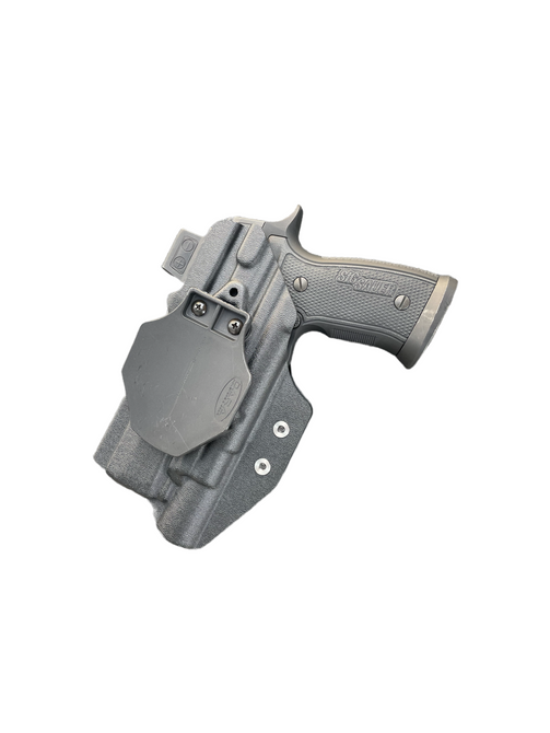 DARA Light bearing OWB Paddle Holster in gray Kydex, outside waistband holster with paddle attachment.