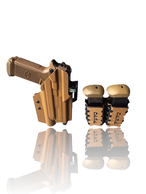 DARA LIGHT BEARING RANGE PACKAGE with OWB holster and mag carrier in tan color finish.