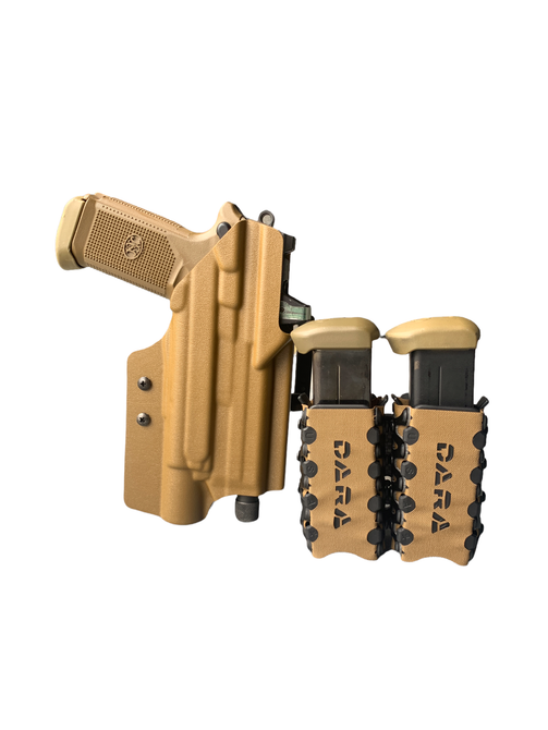 DARA LIGHT BEARING RANGE PACKAGE, tan OWB holster and mag carrier for semi-automatic handguns.