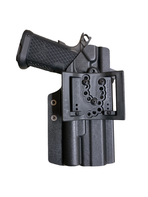 DARA Light bearing OWB Holster in black, compatible with TLR-1, TLR, Surefire, LG, Olight laser lights.