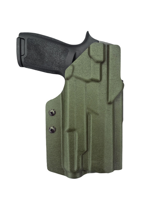 DARA Light bearing OWB Holster in green, compatible with TLR-1, TLR-6, Surefire, LG, Olight lights.