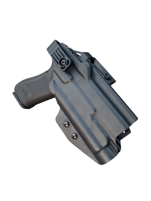 Dara Level 2 Duty Holster for Semi-Automatic Handguns with Crimson Trace grips and light attachment.