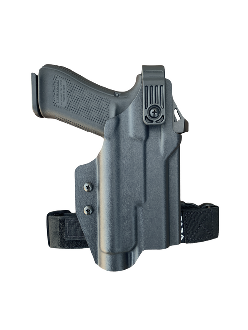 Dara Level 2 duty holster with adjustable passive retention and active retention hood for secure firearm storage.