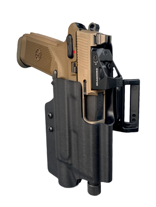 DARA Light Bearing Action Sport Holster in tan and black, made from Boltaron/Kydex, outside waistband design.