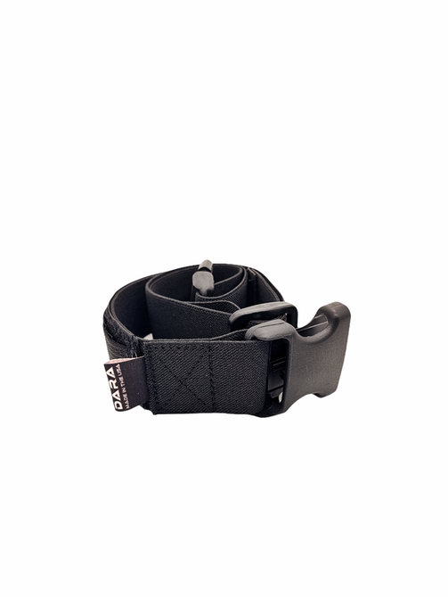DARA 1.5" black elastic leg strap, adjustable one size fits all length, flexible comfort.