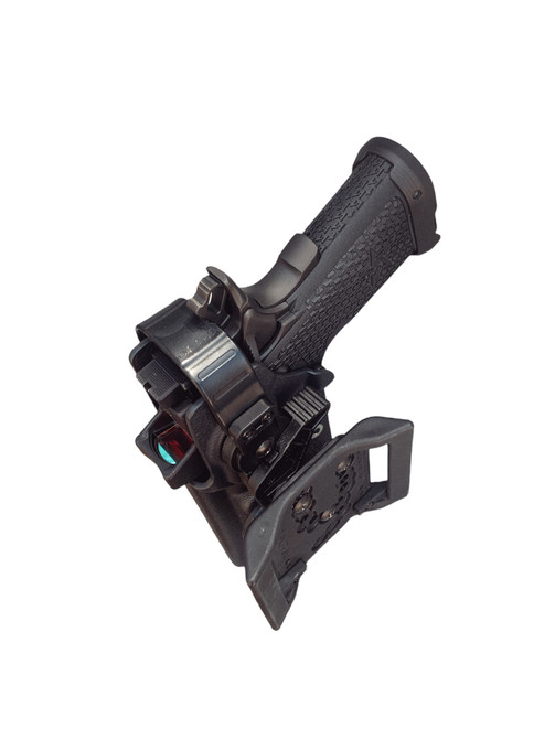 staccato duty holster, level 2 retention and optics ready for both right and left handed shooters.