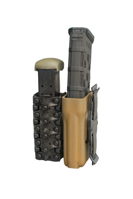 Stacked rifle and pistol mag carrier, modular design, tan and black, for battle belt setup.