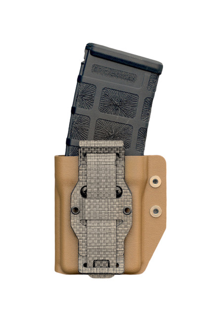 Rifle and pistol mag pouch combo, tan modular carrier with grey ALQD quick disconnect system.