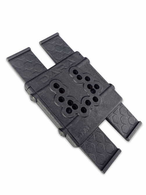 Black ATTACHMENT DM1 Molle Attachment, 2-piece reinforced polymer design with stainless fastening and multiple mounting holes.