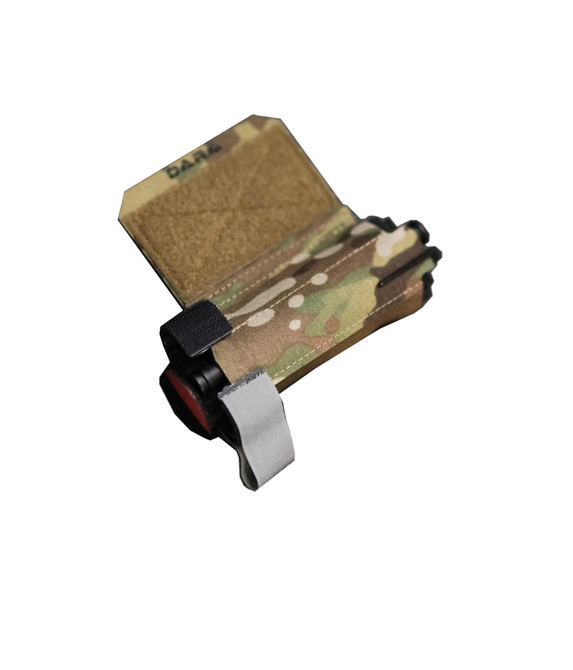 DARA TOURNIQUET CARRIER, camouflage green and brown tactical tourniquet holder with black buckle and clip.